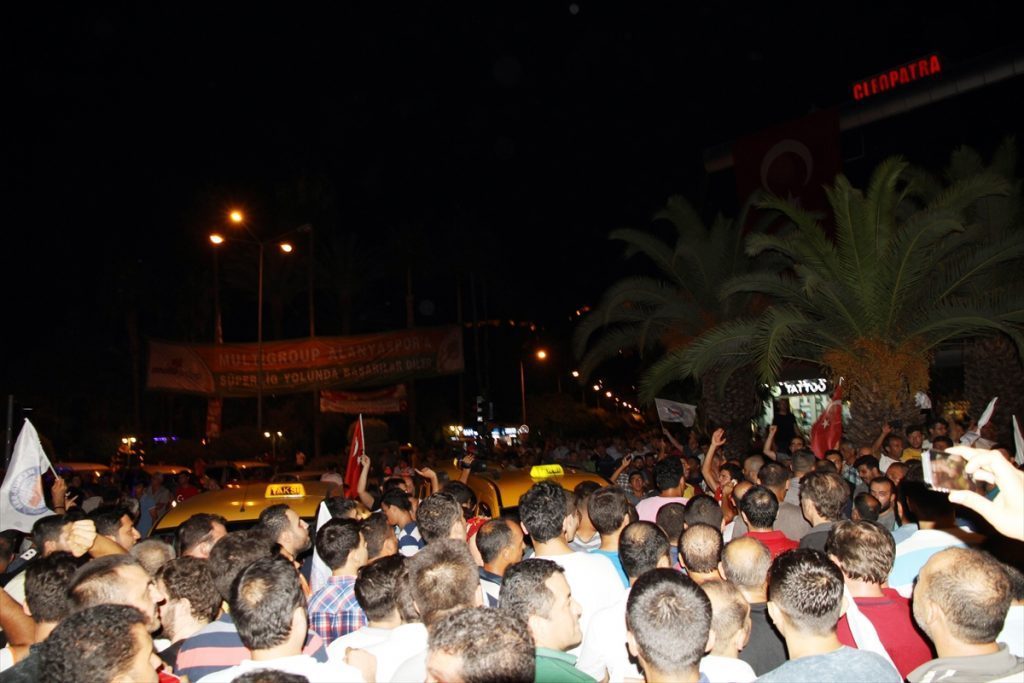 People react against military coup attempt, in Antalya, Turkey on July 16, 2016