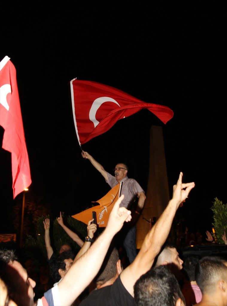 People react against military coup attempt, in Antalya, Turkey on July 16, 2016
