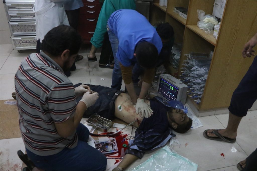 Injured civilians receive medical treatment at a field hospital after War crafts belonging to the Syrian and Russian army carried out an airstrike at Saladin town of Aleppo, Syria on September 25, 2016
