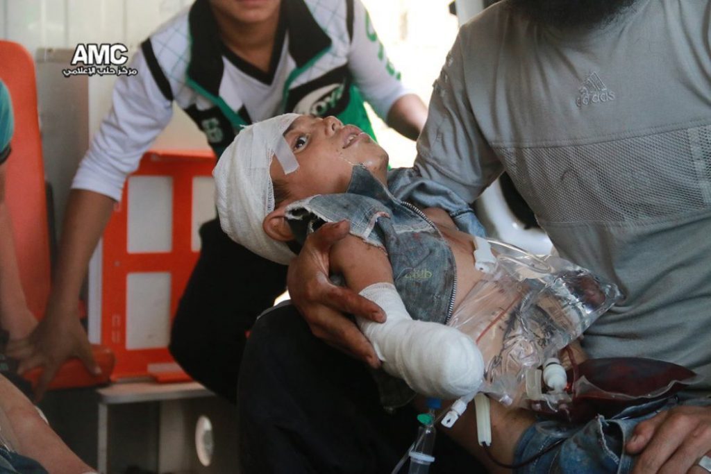 A boy severely wounded after Assad regime's airstrikes on Aleppo