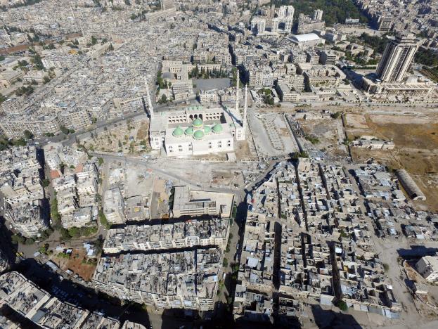A general view taken with a drone shows a mosque where forces loyal to Syria's President Bashar al-Assad are stationed in Aleppo's government-controlled area of al-Masharqa in Syria October 20, 2016. REUTERS/Abdalrhman Ismail